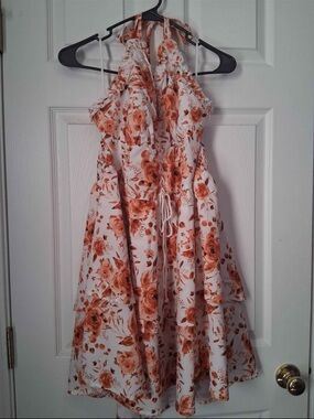 SHEIN White Halter Prom Dress with Peach Floral Print